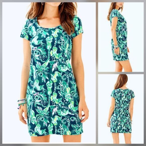 Lilly Pulitzer Short Sleeve Pima Cotton Beacon Dress Tidal Wave Tropical Blue -S - Picture 2 of 9
